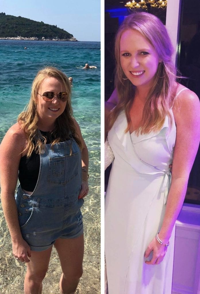 Left: Caitlin in June 2018, right before coining CrossFit9. Right: March, 2019.